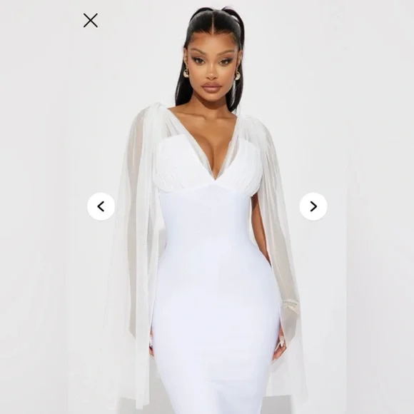 Chic White Midi Dress with Sheer Cape! - Picture 3 of 9